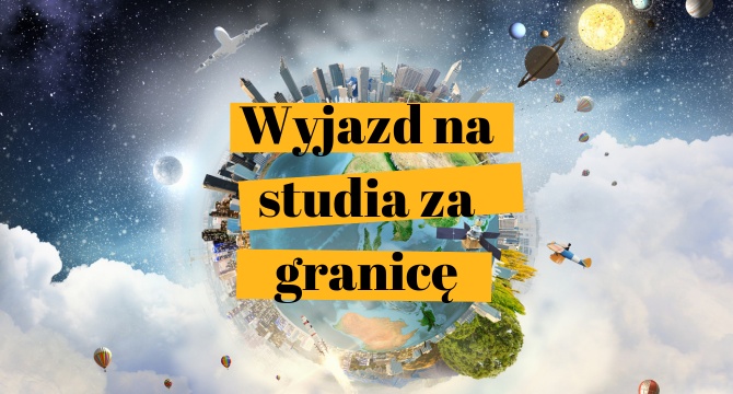 Wyjazd na studia za granicę. W tle glob pełen miast i różnych krajobrazów.