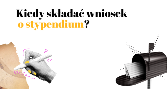 Kiedy składać wniosek o stypendium? W tle kolaż z długopisem i skrzynką pocztową.